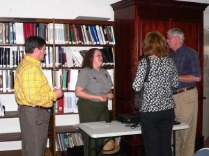 Following the presentation on the letters having to do with the Hammond Family at Redcliffe, Elizabeth Laney, presenter answered questions of the audience.  Here she is pictured with, left to right: Roonie Floyd of AIken, Elizabeth Laney, and Craig and Theresa McMullin of Edgefield.