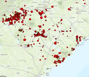 This map shows firefly observations. image by: Clemson University