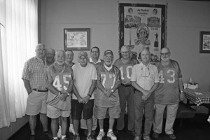 Green and Gold gridiron heroes, from a few years back, gathered for their annual fried chicken, corn bread and sweet ice tea reunion last week at Ten Governors.  In attendance were: front row left to right Mayor Billy Padgett, William Bryan, Billy Murphy, Billy Doolittle, Ronnie Creswell, Robert Stark.  Back row left to right:  Charles Doolittle, James Robert Sprouse, Joe Shaffer, Jimmy Painter. 