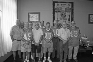 Green and Gold gridiron heroes, from a few years back, gathered for their annual fried chicken, corn bread and sweet ice tea reunion last week at Ten Governors. In attendance were: front row left to right Mayor Billy Padgett, William Bryan, Billy Murphy, Billy Doolittle, Ronnie Creswell, Robert Stark. Back row left to right: Charles Doolittle, James Robert Sprouse, Joe Shaffer, Jimmy Painter.