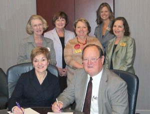 Piedmont Technical College and Columbia College recently signed two articulation agreements that will allow students to seamlessly continue their education. Attending the signing ceremony were, front from left, Elizabeth Dinndorf, president of Columbia College; and Dr. Ray Brooks, president of Piedmont Tech. Back, Dr. Laurie Hopkins, provost and vice president for academic affairs at Columbia College; Susan Timmons, vice president for academic affairs at PTC; Sissy Copeland, dean of business information technologies and public service at PTC; Dr. Jennifer Wilbanks, associate vice president for academic affairs and off-campus at PTC; and Evelyn Beck, dean of arts and sciences at PTC.