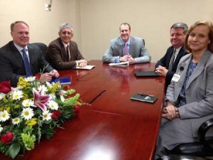 At the head of a “roundtable” of leadership in the health profession, Edgefield County Hospital CEO Clary seeks improved coordination of care. L-R: Thornton Kirby, Tony Keck, Brandon Clary and Kelly Cox.