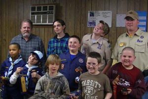 Pictured are front row Cub scouts William Bush-Jackson, Caleb Torgesen, Kottn Dukes, Aubrey Aston, Dakota Lindsey and Jonah Corley. Back row Scout master Lee Williams, Ryan Deese, Schump Aston and Assistant Scout Master Chris Aston.