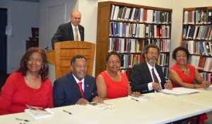 Authors of Our Ancestors, Our Stories – left to right,  Ellen Butler, Vincent Sheppard, Ethel Dailey, Harris Bailey, and Bernice Bennett. Doug Timmerman, President of OEDGS is standing behind the podium.