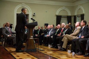 President Barack Obama, with Homeland Security Secretary Jeh Johnson, delivers remarks during a law enforcement briefing on immigration in Room 350 of the Eisenhower Executive Office Building of the White House, May 13, 2014. (Official White House Photo by Pete Souza)