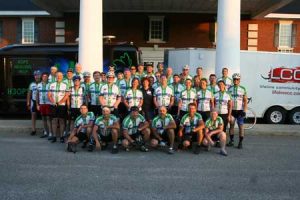 The riders grouped for this photo before continuing their trek after a restful night’s sleep at the Edgefield Inn.