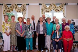 Class of ’44 present and photographed, left to right: Alma Quarles Morgan, Betty Strom Carey, Dorothy Ouzts Wofford, Elmer Fann, Ann Bolton Connelly, Deloach “Pee Wee” Padgett, Doris Hair Jovanelly, John L. Smith, Lucille Ouzts Padgett, J. P. Calliham, Vivian Bryan Reece, Margorie Miller Reel, and Mary Bryan Hayes. Seated, Aleen McKie Slade and Beth Rainsford Reel. Class members not in attendance were: Gladys Greneker Barnhill, Betty Jean Smith Seigler, Pauline Quarles Wilson, Carolyn Griffith Shuler, Norine Corley Lee and Doris Quarles Bryan.