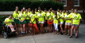 GameDay Recycling Challenge student volunteers gather for a photo before Clemson’s home football game against rival University of South Carolina. Clemson won the national Total Recycling category of the competition by recycling 60,724 pounds of materials that day. (Photo by Dave Vandeventer)