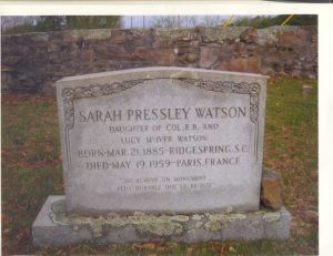 Sarah Pressley Watson’s gravestone in Ridge Spring Cemetery. 