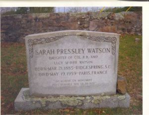Sarah Pressley Watson’s gravestone in Ridge Spring Cemetery.