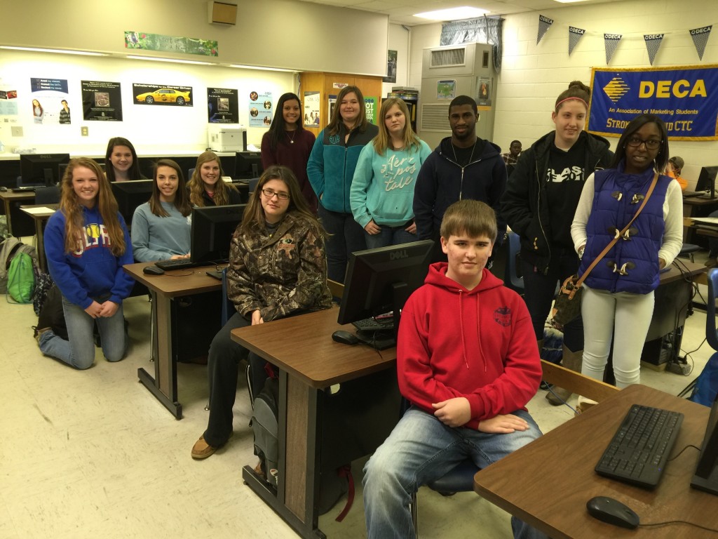 DECA members are pictured Left to Right, sitting: Maggie Massey, Madelyn Wise, Merrissa MacDonald, Beth Verdery, Mikella Albea, Tucker Bledsoe Standing Left to Right: Rachel Simpkins, Abigail Owings, Kaylee Ott, Tyrese Chandler, Lauren Dolph, Skydasia Luchie. 