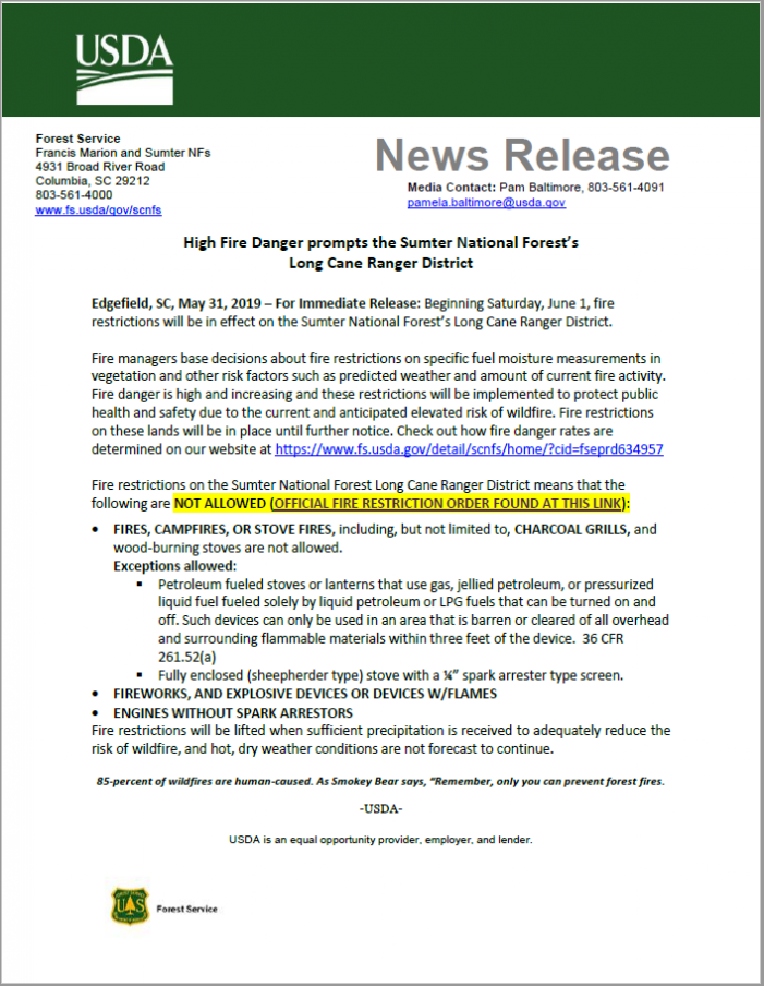 High Fire Danger prompts Sumter National Forest Long Cane Ranger District to implement fire restrictions starting June 1 High Fire Danger prompts Sumter National Forest Long Cane Ranger District to implement fire restrictions starting June 1