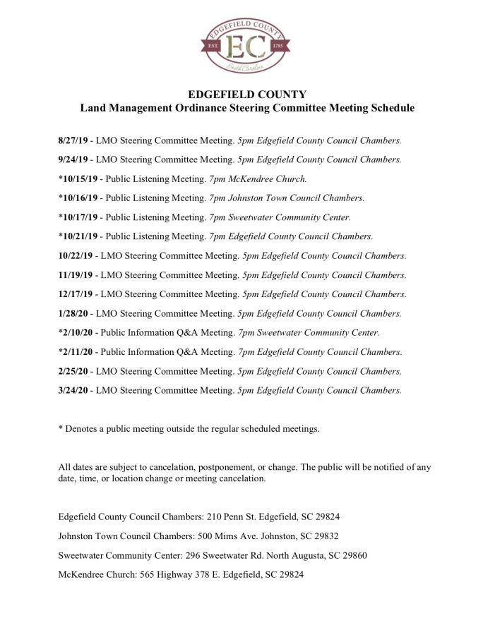 Edgefield County LMO Steering Committee Meeting Schedule