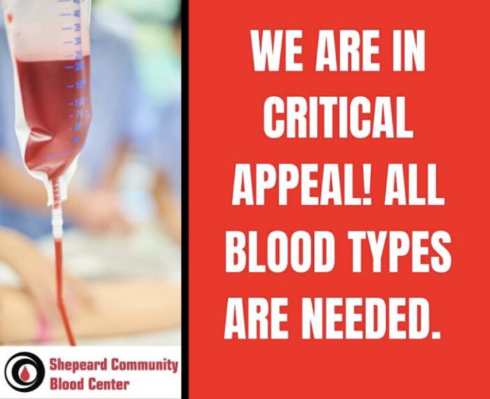 SHEPEARD BLOOD CENTER IN URGENT NEED OF DONATIONS